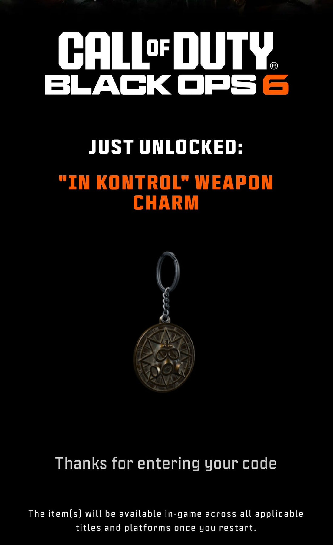 Call Of Duty Black Ops 6 &quot;In Kontrol&quot; Weapon Charm - WHOTTON TRADING